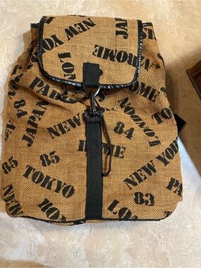 Source Unknown Tan Canvas Backpack with Black Print Accents
